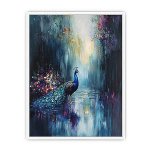 Peacock In Rain Framed Print