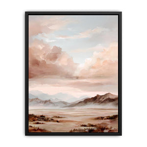 Rose mountain landscape canvas art with soft clouds for serene bedroom decor.