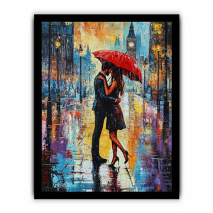 Romantic couple under a red umbrella cityscape canvas art for modern bedroom decor.