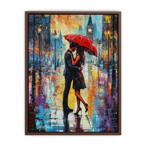 Romantic couple under a red umbrella cityscape canvas art for modern bedroom decor.