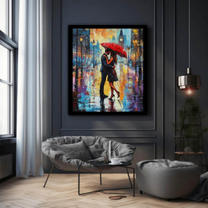 Romantic couple under a red umbrella cityscape canvas art for modern bedroom decor.