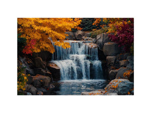 Autumn waterfall landscape canvas art with colorful foliage for living room decor.