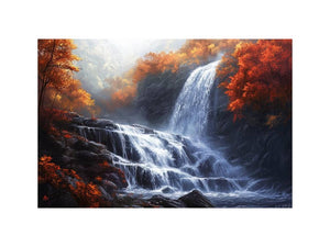 Large waterfall landscape canvas art with autumn forest colors for peaceful interior decor.