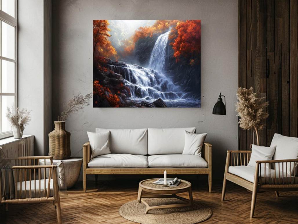 Large waterfall landscape canvas art with autumn forest colors for peaceful interior decor.