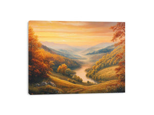 Golden valley landscape canvas art with river view for elegant living room decor.