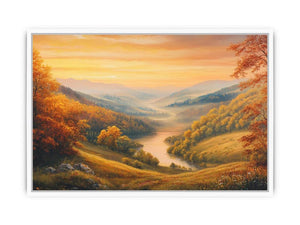 Golden valley landscape canvas art with river view for elegant living room decor.