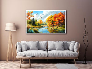 Autumn river landscape canvas art for living room decor