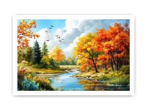 Autumn river landscape canvas art for living room decor