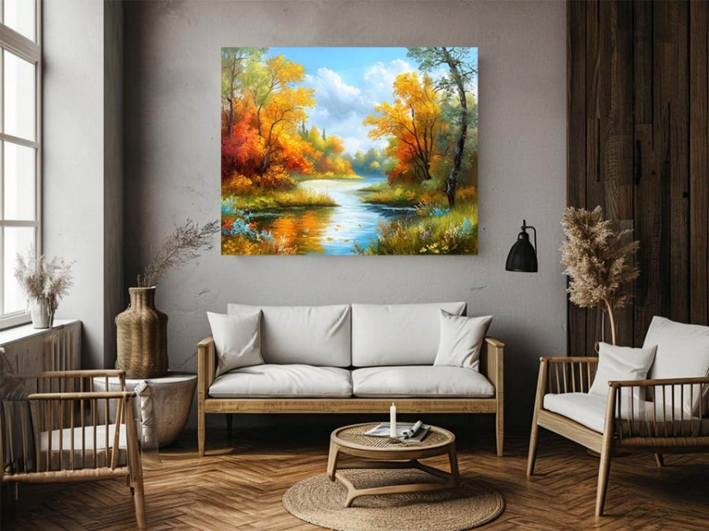 Autumn river and trees artwork for cozy bedroom decor