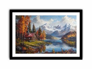 Mountain cabin lake artwork for rustic living room decor