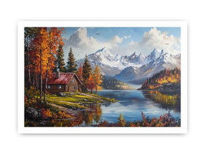 Mountain cabin lake artwork for rustic living room decor