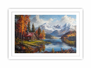 Mountain cabin lake artwork for rustic living room decor