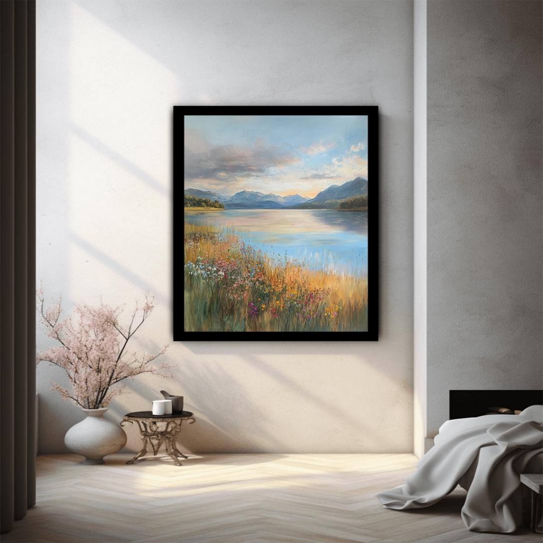 Mountain lake and wildflower landscape canvas art for living room