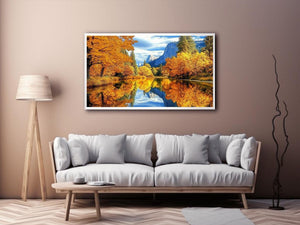 Autumn river reflection wall art for warm living room decor