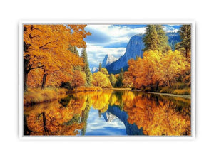 Autumn river reflection wall art for warm living room decor