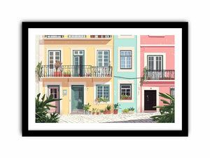 Pastel Mediterranean townhouse illustration with balconies and plants for living room decor