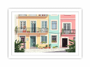 Pastel Mediterranean townhouse illustration with balconies and plants for living room decor