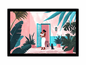 Modern tropical motherhood illustration with lush plants for nursery or bedroom decor