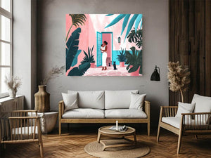 Modern tropical motherhood illustration with lush plants for nursery or bedroom decor