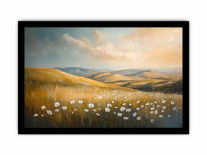 Golden meadow landscape canvas art with white wildflowers for calm bedroom decor.