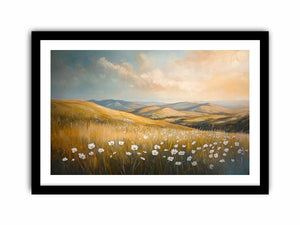 Golden meadow landscape canvas art with white wildflowers for calm bedroom decor.