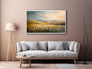 Golden meadow landscape canvas art with white wildflowers for calm bedroom decor.