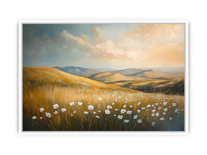 Golden meadow landscape canvas art with white wildflowers for calm bedroom decor.