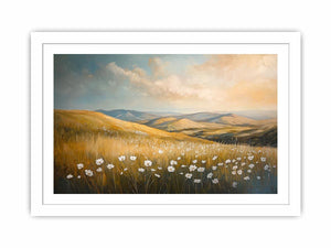 Golden meadow landscape canvas art with white wildflowers for calm bedroom decor.