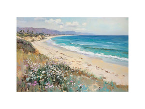 Coastal wildflower beach canvas art with turquoise ocean for light living room decor.