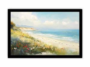Coastal beach canvas art with ocean waves and wildflowers for airy living room decor.