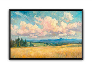 Golden meadow canvas art with pink clouds and blue hills for warm living room decor.