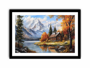 Rustic mountain cabin canvas art with lake and autumn trees for cozy living room decor.