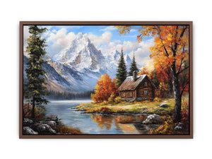 Rustic mountain cabin canvas art with lake and autumn trees for cozy living room decor.
