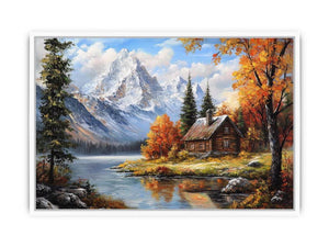 Rustic mountain cabin canvas art with lake and autumn trees for cozy living room decor.
