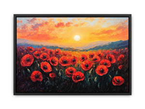 Red poppy sunset canvas art with mountains for bold living room wall decor.