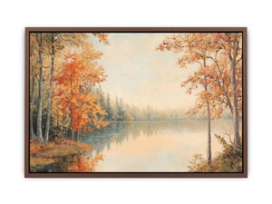 Autumn lake canvas art with golden trees and soft reflections for peaceful bedroom decor.
