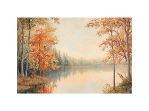Autumn lake canvas art with golden trees and soft reflections for peaceful bedroom decor.