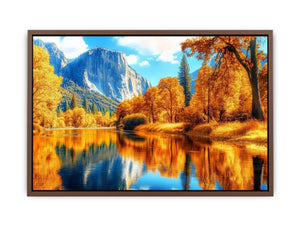 Golden Yosemite valley canvas art with river reflections for bold living room decor.