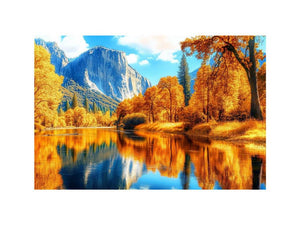 Golden Yosemite valley canvas art with river reflections for bold living room decor.