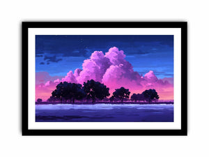 Dreamy pink cloud landscape canvas with trees for peaceful bedroom wall decor.