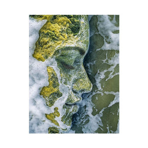 Surreal ocean face artwork with sea foam textures for modern bathroom decor.