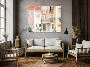 Pastel European balcony illustration with green doors for charming kitchen decor.