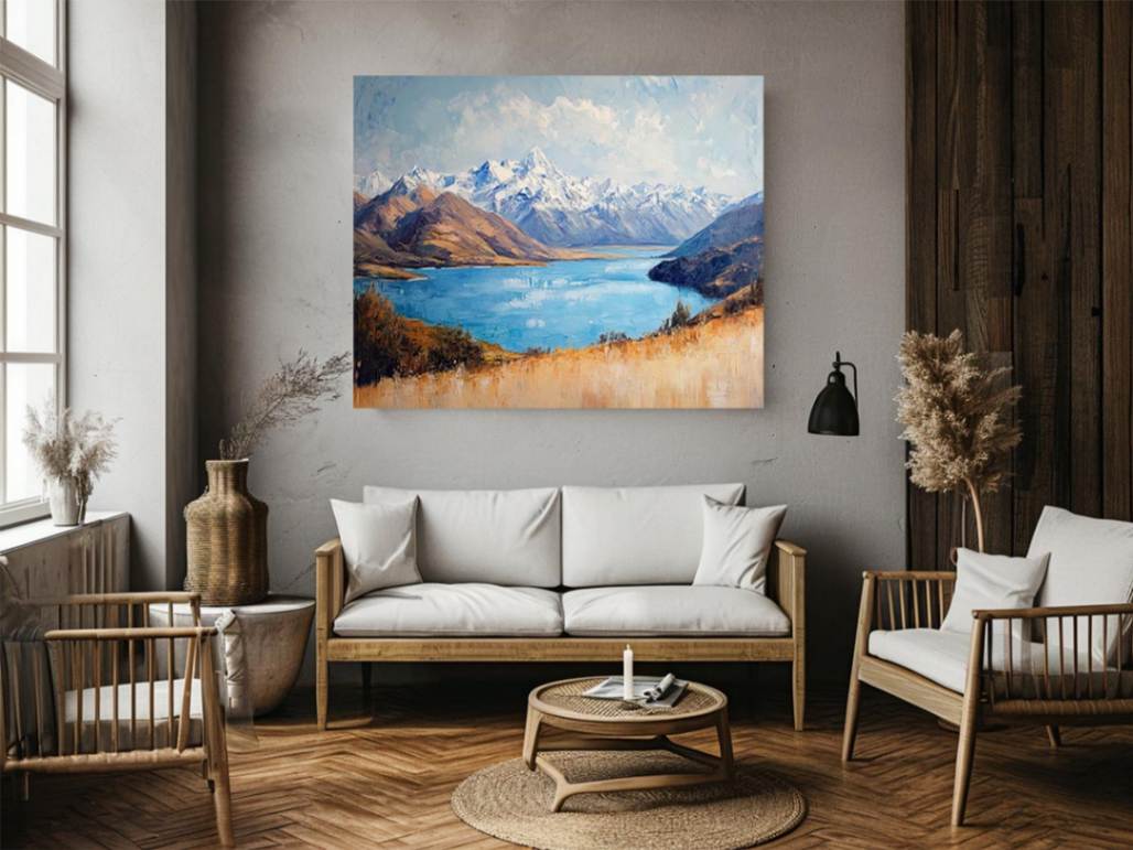 Blue mountain lake canvas art with snowy peaks for refined living room decor.