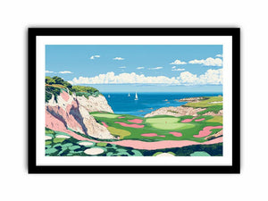 Colorful coastal golf course illustration for modern living room decor.