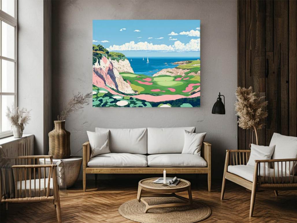 Colorful coastal golf course illustration for modern living room decor.