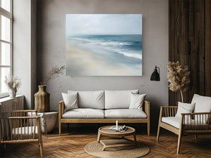 Soft abstract ocean waves canvas art for calm bedroom decor.