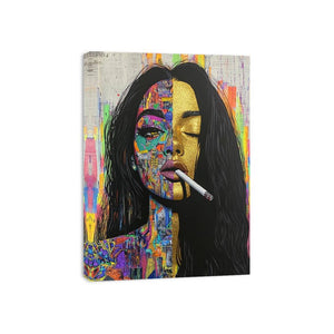Urban pop art woman portrait canvas for bold living room decor.