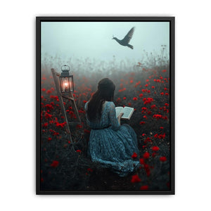 Moody reader in flower field canvas art for dark bedroom decor.
