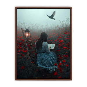 Moody reader in flower field canvas art for dark bedroom decor.