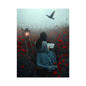 Moody reader in flower field canvas art for dark bedroom decor.